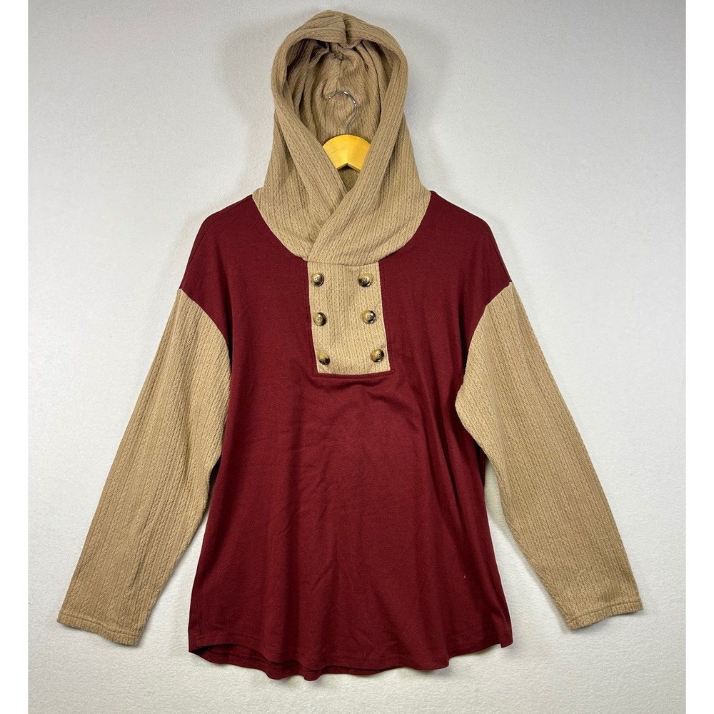 Furnex Burgundy Tan Colorblock Hooded Pullover Top Women's Size‎ XL
